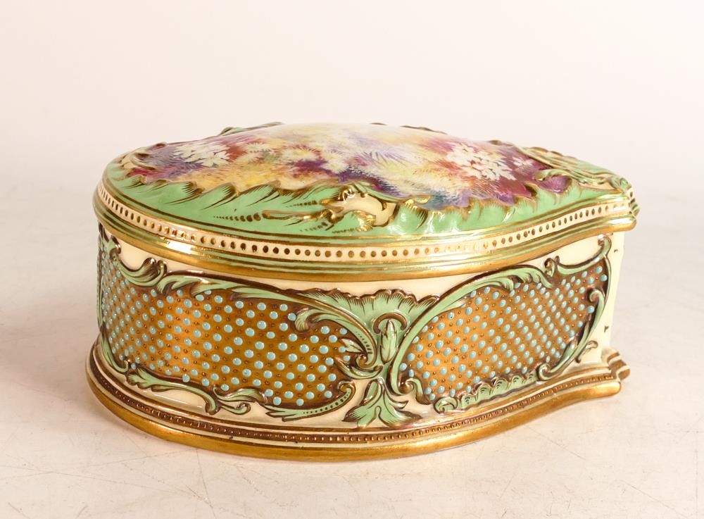 Coalport porcelain jewelled lidded box. Painted with vibrant floral scene on cream ground with green - Image 3 of 5