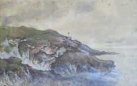 George Dodgson R.W.S, Rocky Coastal Landscape with Lighthouse, watercolour on paper. Unsigned and