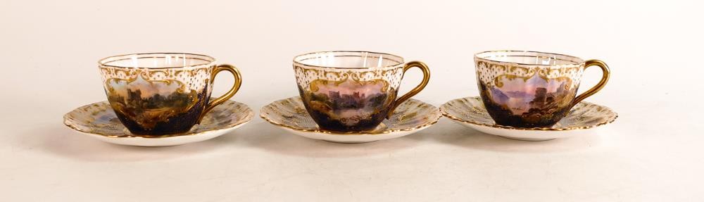 Three Royal Doulton hand painted tea cups and saucers. Painted with castle landscapes by J. H.