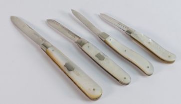 Four silver bladed mother of pearl handled fruit knives, by John Yeomans Cowlishaw 1911 & 1916