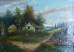 19th century cottage scene (English School), oil on canvas. Rural cottage with family and church