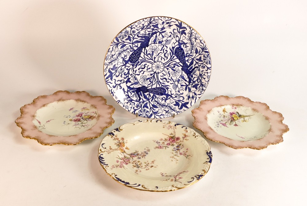 Royal Crown Derby hand decorated ruffle edged 19th century plates & similar Peacock plate, largest