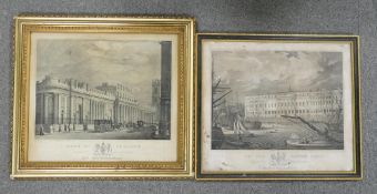 Two early 19th century engravings by G Davies, of The New Customs House & The Bank of England,