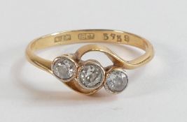 18ct yellow gold 3 stone diamond ring, size L, with old box, weight 2.09g.