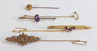 3 x 9ct gold brooches & a 9ct stick pin. Particularly nice single amethyst brooch, a decorative