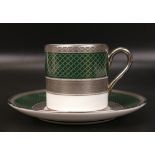 De Lamerie Fine Bone China heavily gilded Spiral pattern in green set of six coffee cans &