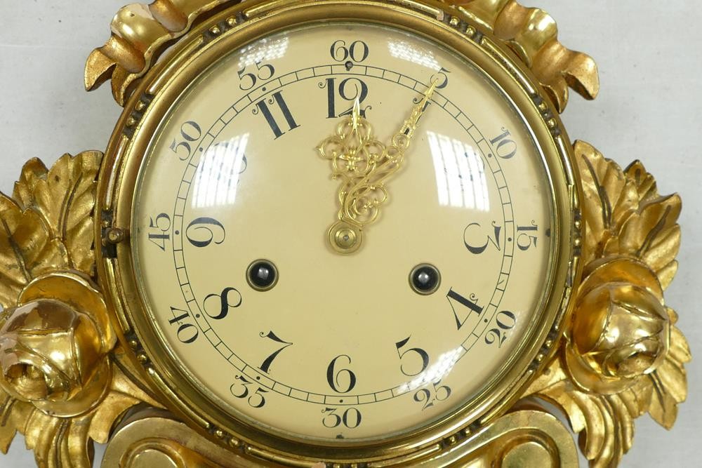 Continental gilt Rococo style pendulum wall clock, some missing gilt area around flower bud - Image 3 of 3