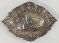 Dutch silver highly decorated dish depicting a cock chasing a fairy, clearly hallmarked for London
