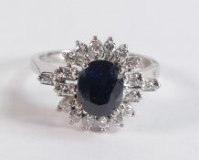 18ct gold sapphire & diamond cluster ring, size N/O, main stone 8mm x 6mm, stamped 18k & tested as