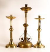 Three non-matching Ecclesiastic candlesticks, one with foliate Brass scrollwork to base. Height of