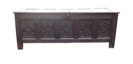 Large late 17th century 5 panel Oak coffer, length 180.5cm, depth 56cm & height 68cm