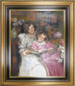 Very large oil painting on canvas - portrait of two children. Measuring 129cm x 81cm excluding frame