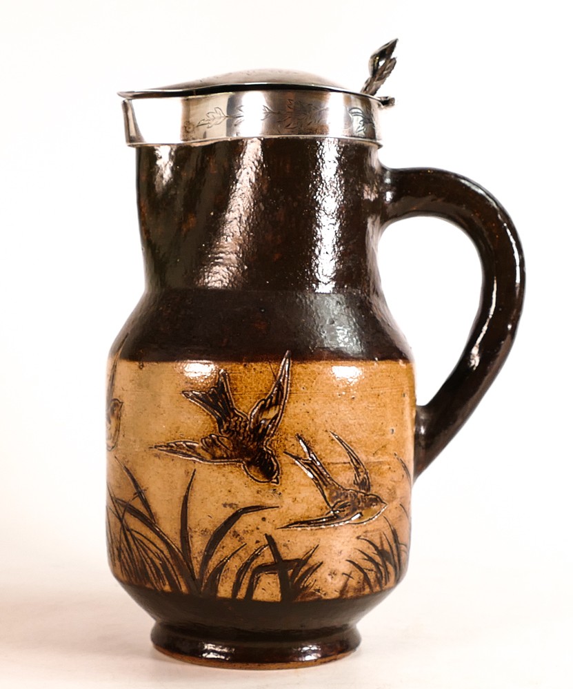 Martin Bros Stoneware jug with hallmarked shaped silver rim & cover, decorated all over with - Image 7 of 7