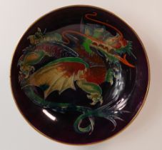 Shelley Walter Slater dragon design bowl. Diameter 26cm, Small factory production fault on gold rim.