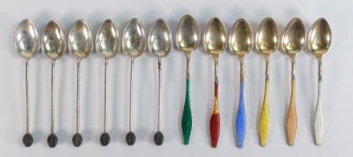 Two sets of silver & enamel coffee spoons - Bean end coffee spoons, enamelled to back of bowl,