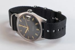Omega Geneve steel mechanical wristwatch, black dial with gilt fingers & markers with new Nato