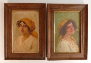 NORELH, a pair of portraits depicting Romany Women, oil on board. Wooden frames with gilt mounts.