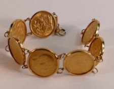 Seven x FULL gold sovereign coins bracelet, all Edward VII, the dates for which are; 1910 M, 1907 S,