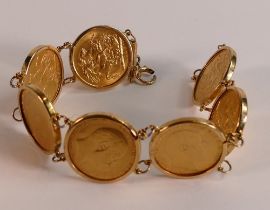 Seven x FULL gold sovereign coins bracelet, all Edward VII, the dates for which are; 1910 M, 1907 S,