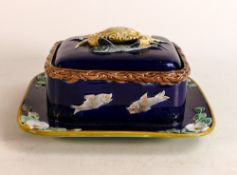 Holdcroft Majolica sardine box & cover, decorated with fish and crab on cobalt blue ground, 19cm x