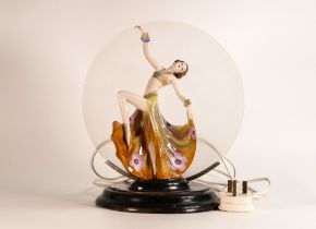 1940's Art Deco table lamp, porcelain female dancer with frosted glass panel behind in chrome