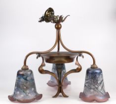 Art Nouveau large Copper 3 branch ceiling lamp with swirled blue glass shades, approx. diameter 45cm