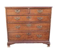 Quality Georgian Oak five draw chest of drawers, on bracket feet with brass drop handles, w.82cm x