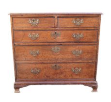 Quality Georgian Oak five draw chest of drawers, on bracket feet with brass drop handles, w.82cm x