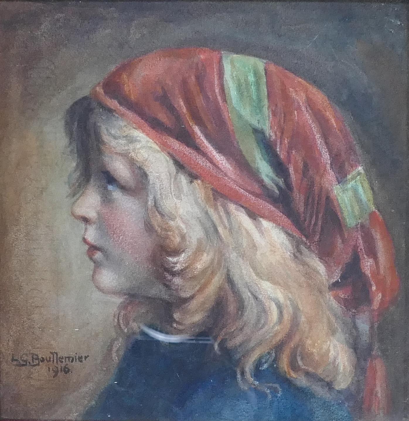 L G Boullemier small watercolour & pastel of young child, signed dated 1916, 22cm x 22cm excluding