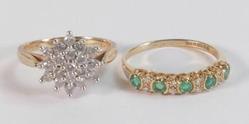 Two 9ct gold hallmarked rings - emerald (or similar green stone) & diamond, size N, together with