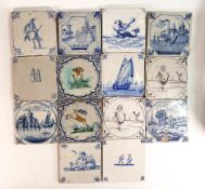 A collection of various early Delft blue & white tiles 12.5 x 12.5cm. (14)