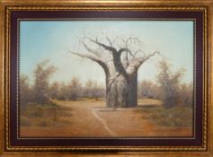 M Lawton (SOUTH AFRICAN 20th century) framed oil on canvas, landscape with tree, measuring 59cm x