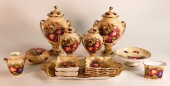 Aynsley Orchard gold items to include two large lidded pots, two smaller ones, sandwich trays, pin