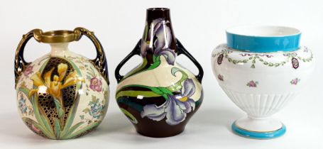 Wileman Foley Intarsio twin handle vase Iris pattern 3387, Faience Old Chelsea twin handled vase and