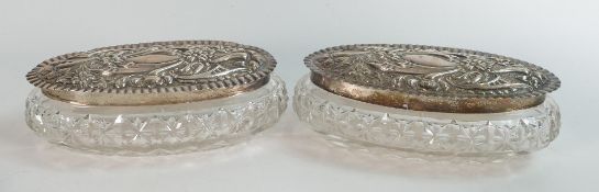 Pair of large Art Nouveau oval silver topped glass jars, silver and glass all in good condition.