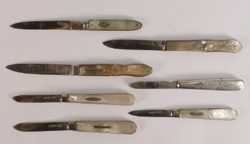 A collection of seven silver bladed mother of pearl pocket knives. Includes one example with