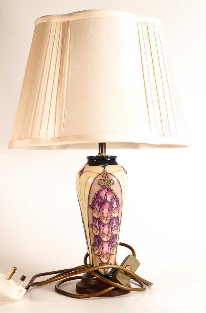 Moorcroft Foxglove pattern lamp base with original shade. Height of lamp excl. fitting: 23cm