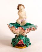 Holdcroft Majolica Cupid, dolphin & shell dish, h.17.5cm, Restored.