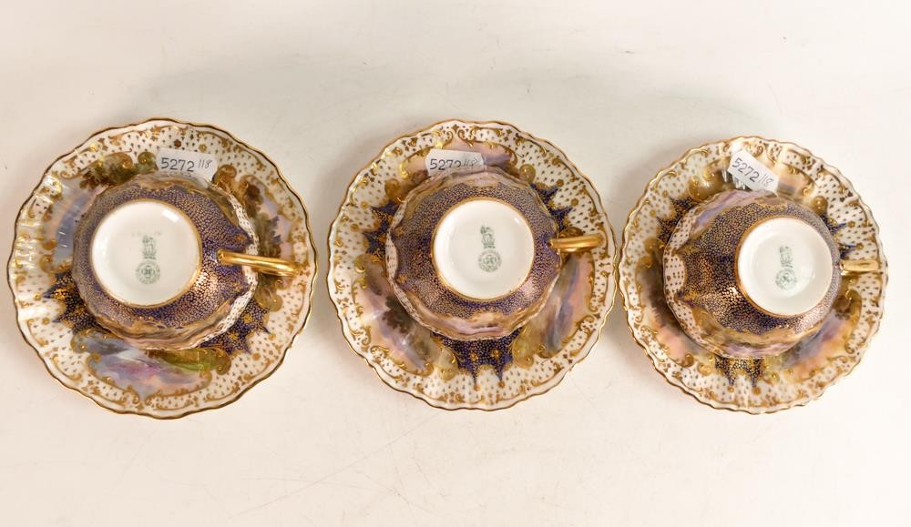 Three Royal Doulton hand painted tea cups and saucers. Painted with castle landscapes by J. H. - Image 7 of 9