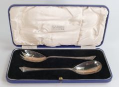 Pair of large hallmarked silver salad serving spoons, cased, all in very good used condition, with