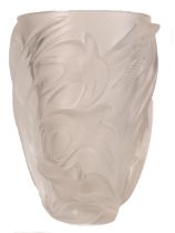 Lalique Martinets vase, signed to base Lalique France. Frosted glass with moulded swallows in