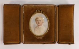 Early 20th century miniature portrait. Half-length watercolour of a boy in white shirt. Indistinctly