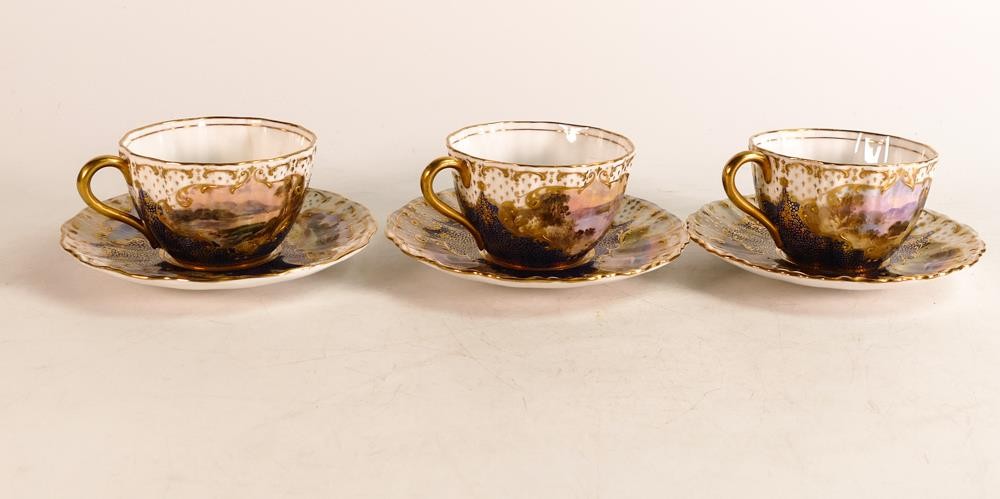 Three Royal Doulton hand painted tea cups and saucers. Painted with castle landscapes by J. H. - Image 5 of 9