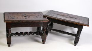 Two small footstools / apprentice pieces with carved foliate top on turned supports with H-shaped
