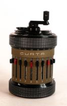 Curta Calculator, type II, Liechtenstein, serial number 553414, retailed by Contina Ltd. Mauren,