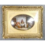 A large oval Sevres style plaque, hand painted interior scene with women & men playing cards "Les