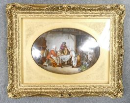 A large oval Sevres style plaque, hand painted interior scene with women & men playing cards "Les