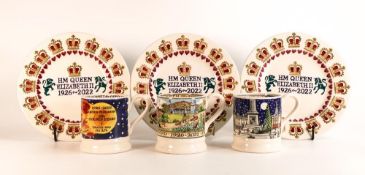 Three Emma Bridgewater HM Queen Elizabeth II 1926-2022 plates together with three mugs The Golden