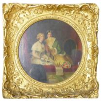 Circular oil paining on canvas depicting 2 young ladies in a parlour, painting 34cm diameter,