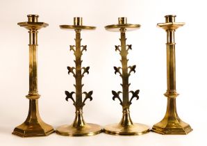 Two pairs of Brass Ecclesiastic candlesticks. One of octagonal form together with a pair with